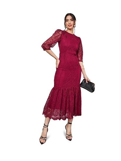Styli Women Self Design Lace Bodycon Midi Dress | Elegant One Piece Dress for Women | Stylish Outfit for Party, Casual & Everyday Wear