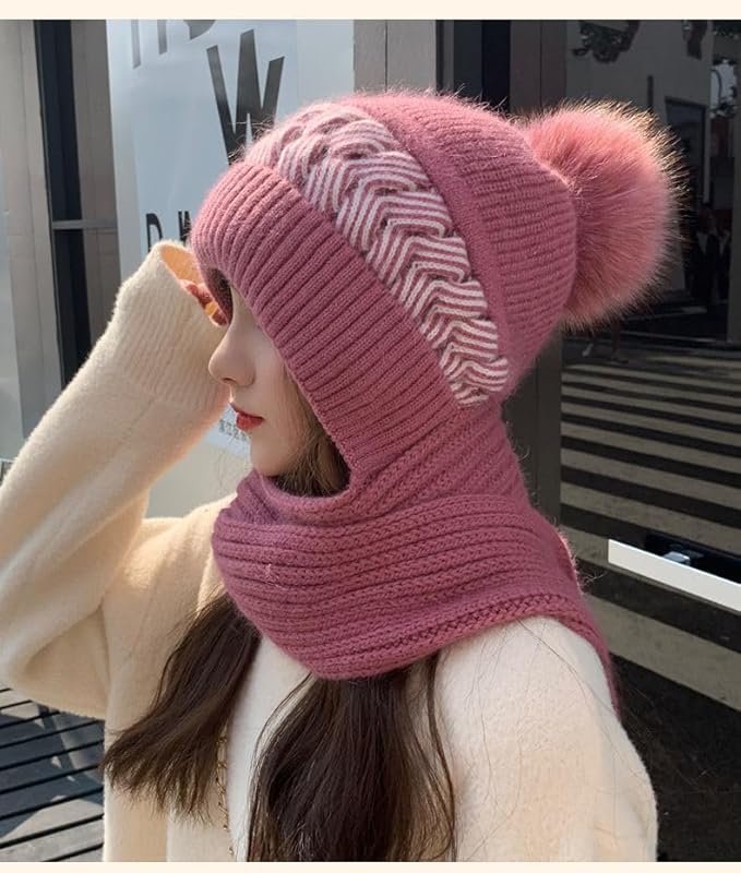 SYGA Women Winter Knitted Warm Hat with Scarf,Ear Protection Pompom Woolen Hat for Adult - Image 3