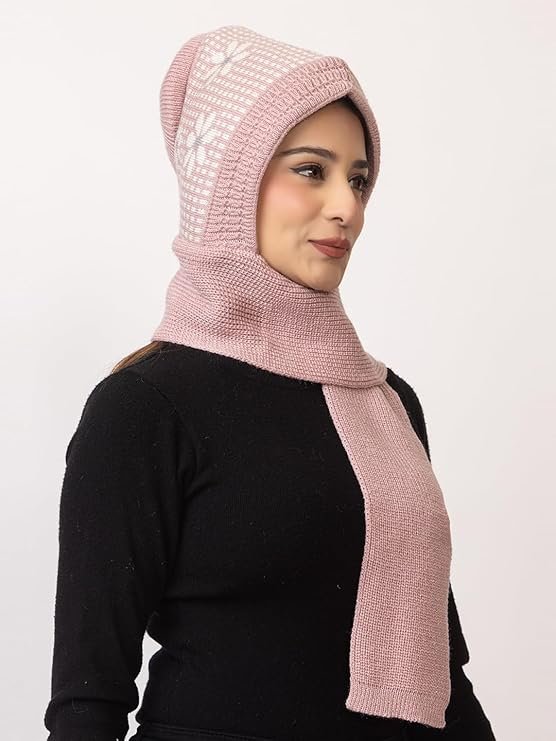 AMOLDO Women's Winter Woolen Soft Warm Knitted Designer Muffler Beanie Cap with Fur | Fleece Printed Woolen Hat with Attached Scarf for Cold Weather - Image 3