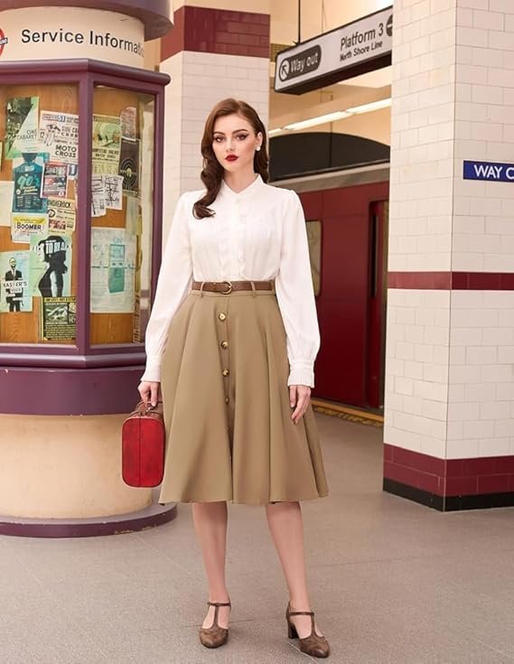 Janak 'n' Masaaya A-Line Button Front Midi Skirt with Brown Belt, High Waist - Image 3