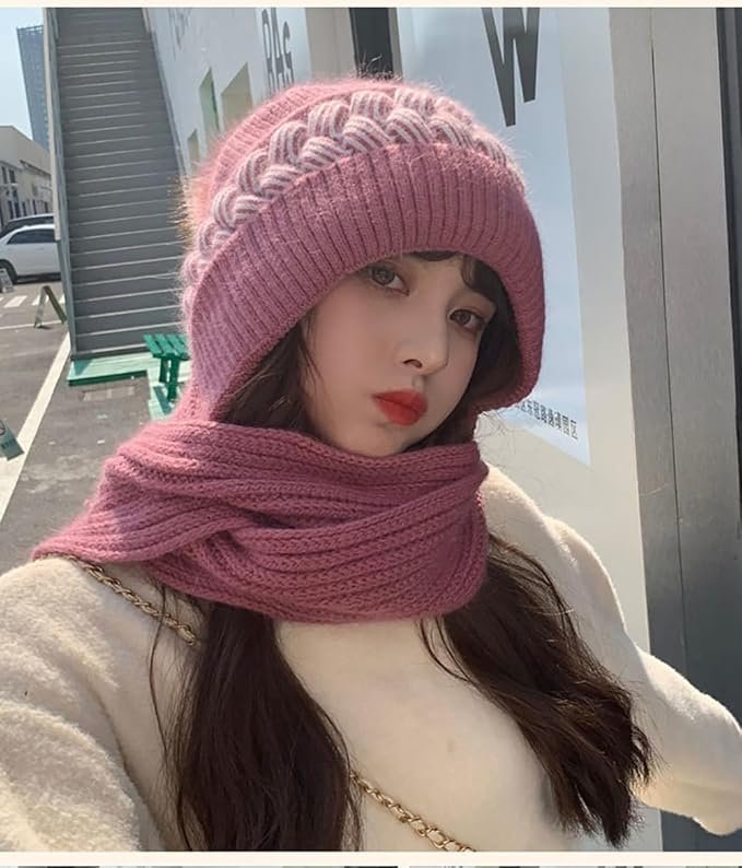 SYGA Women Winter Knitted Warm Hat with Scarf,Ear Protection Pompom Woolen Hat for Adult - Image 4