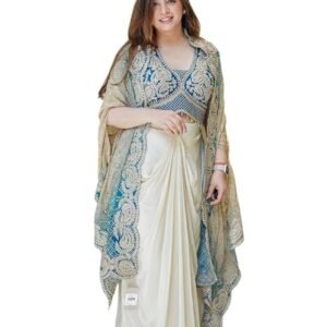 Lehenga Choli Indo-Western Draped Set For Womens And Girls Ready To Weear Hevay Chinon Silk Fabric With Work Multi Thread Embroidery Codin