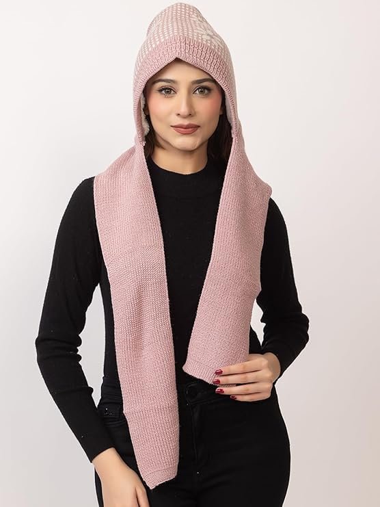 AMOLDO Women's Winter Woolen Soft Warm Knitted Designer Muffler Beanie Cap with Fur | Fleece Printed Woolen Hat with Attached Scarf for Cold Weather - Image 5