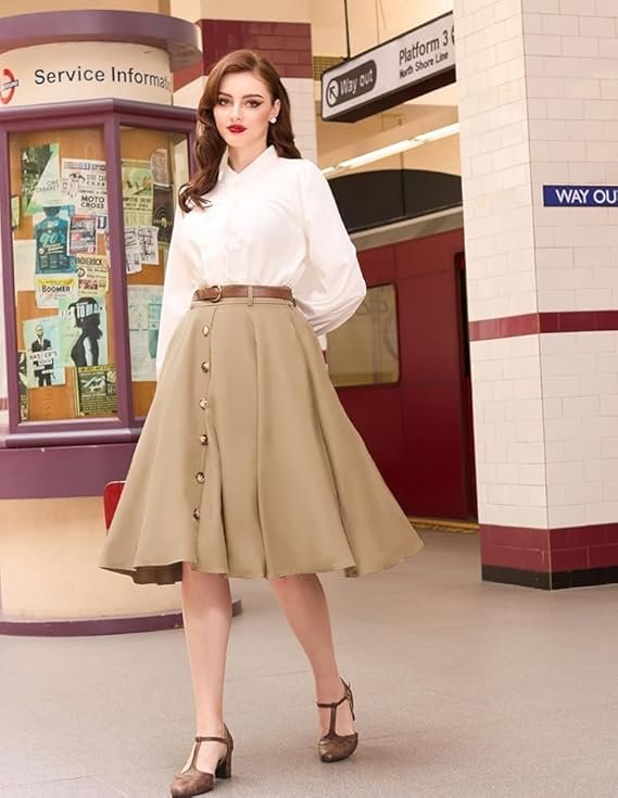 Janak 'n' Masaaya A-Line Button Front Midi Skirt with Brown Belt, High Waist - Image 2