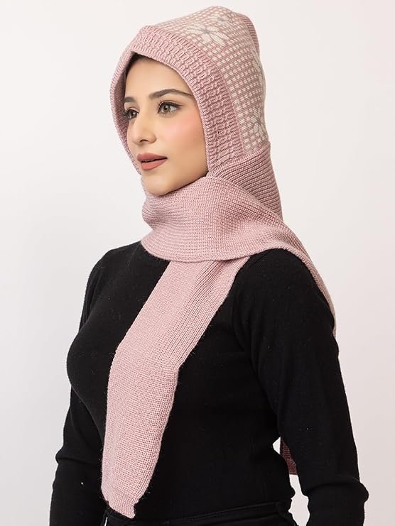 AMOLDO Women's Winter Woolen Soft Warm Knitted Designer Muffler Beanie Cap with Fur | Fleece Printed Woolen Hat with Attached Scarf for Cold Weather - Image 4