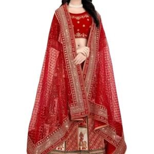 vALIOTH Women's Red Bridal Lehenga Choli Set in Organza Fabric with Heavy Embroidery, Traditional Print, and Net Dupatta Wedding Dress
