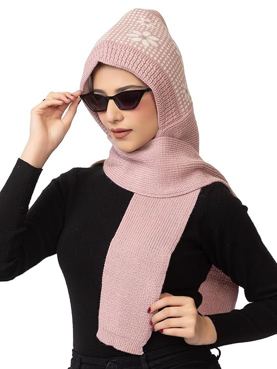 AMOLDO Women's Winter Woolen Soft Warm Knitted Designer Muffler Beanie Cap with Fur | Fleece Printed Woolen Hat with Attached Scarf for Cold Weather