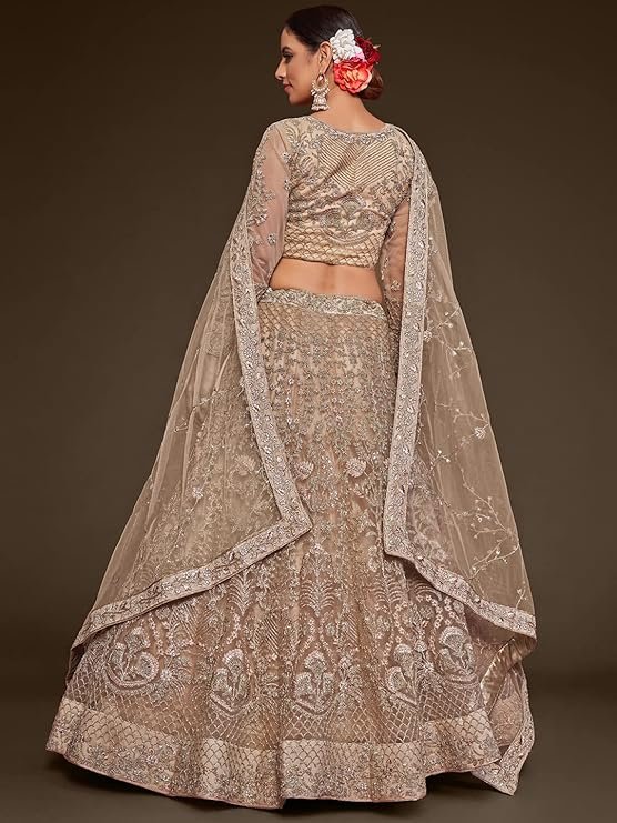 Zeel Clothing Women's Beige Net Semi-Stitched Bridal Lehenga Choli (7908-Beige-Wedding-Lehenga-Choli; Beige) (Free Size) - Image 6
