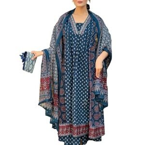 GoSriKi Women's Anarkali Kurta Set with Dupatta Pure Cotton Suits for Women with Dupatta | Suit Set for Women Cotton | Ajrakh Print 3 Pcs Ethnic Wear