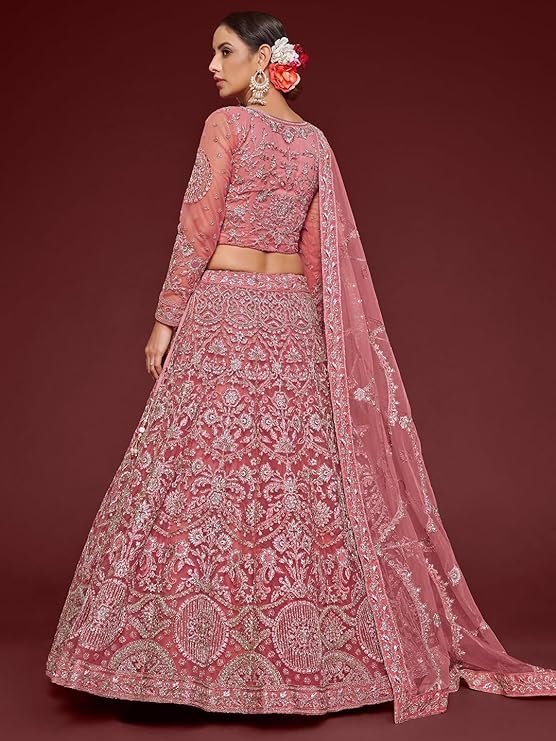 Zeel Clothing Women's Rose Pink Zari And Embroirery Work Soft Net Wedding Semi Stitched Lehenga Choli With Dupatta (7905-Rose-Pink-Wedding-Bridal-Lehenga-Choli; Free Size) - Image 5