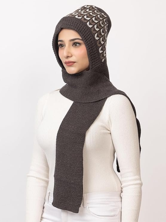 AMOLDO Women's Winter Woolen Warm Soft Knitted Designer Muffler Beanie Cap with Fleece | Fur Printed Woolen Hat with Attached Scarf for Cold Weather - Image 3