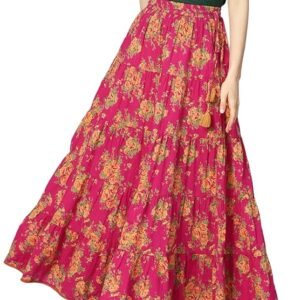 MFGIVA Floral Print Skirt for Women - 100% Cotton, Floor-Length, Elastic Waist, Stylish and Comfortable, Machine Washable, Perfect for Casual Pink