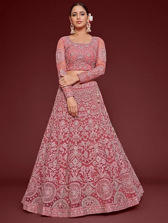Zeel Clothing Women's Rose Pink Zari And Embroirery Work Soft Net Wedding Semi Stitched Lehenga Choli With Dupatta (7905-Rose-Pink-Wedding-Bridal-Lehenga-Choli; Free Size) - Image 4