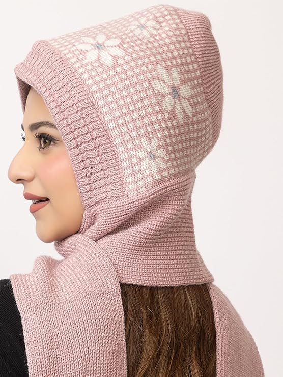 AMOLDO Women's Winter Woolen Soft Warm Knitted Designer Muffler Beanie Cap with Fur | Fleece Printed Woolen Hat with Attached Scarf for Cold Weather - Image 2