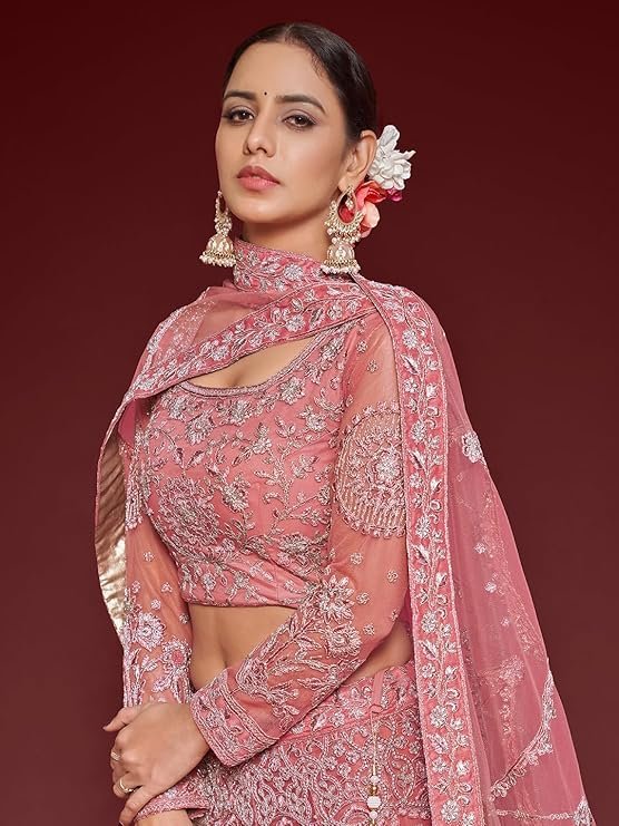 Zeel Clothing Women's Rose Pink Zari And Embroirery Work Soft Net Wedding Semi Stitched Lehenga Choli With Dupatta (7905-Rose-Pink-Wedding-Bridal-Lehenga-Choli; Free Size) - Image 3