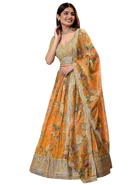Zeel Clothing Women's Print And Sequins Embroidered Organza Semi-stitched Lehenga Choli Set With Dupatta (70666-Women-Lehenga-Choli-Latest)