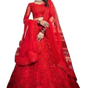 Divine Exim Women's Net Semi Stitched Lehenga Choli with Dupatta | Traditional, Wedding, Ethnic Wear Lehenga | Dori and Sequin Embroidery Pattern (Red)