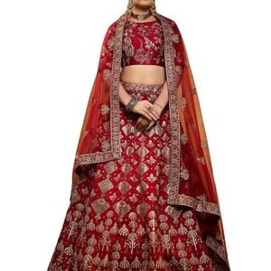 Zeel Clothing Womens Silk Lehenga Choli Semi-Stitched Red Wedding Bridal Free Size