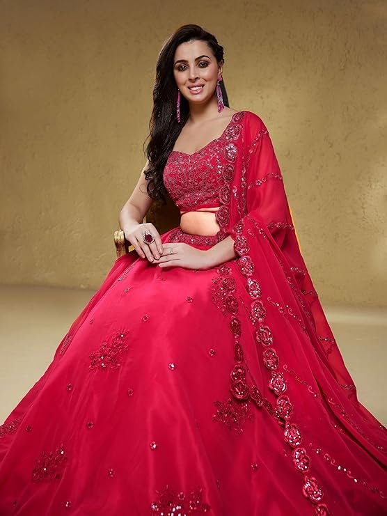Zeel Clothing Women's Georgette Semi Stitched Lehenga Choli With Dupatta (7060-HotPink-Wedding-Bridal-Stylish-New; Free Size) - Image 2