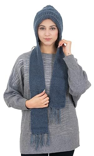 AMOLDO Women Warm And Soft Winter Woolen Muffler Cap, Attached Scarf Cap Combo For Girls and Women (Classic Plain)