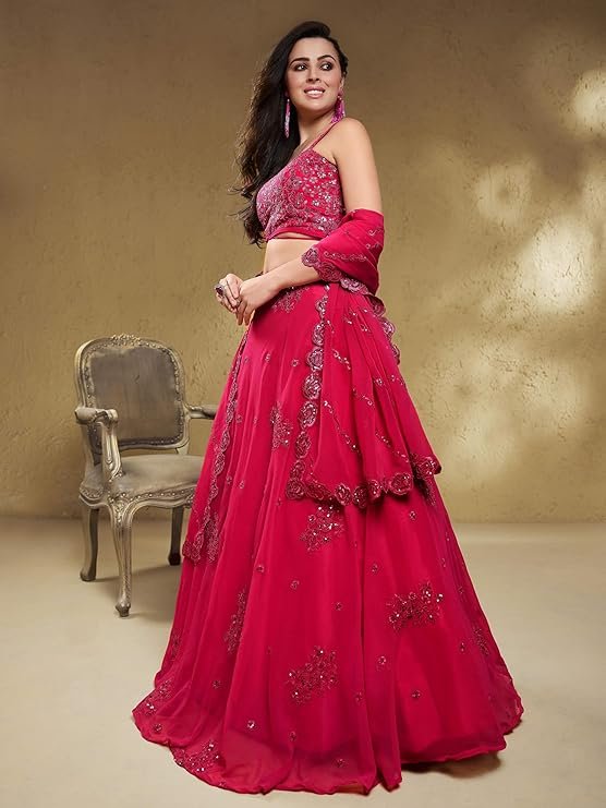 Zeel Clothing Women's Georgette Semi Stitched Lehenga Choli With Dupatta (7060-HotPink-Wedding-Bridal-Stylish-New; Free Size) - Image 4