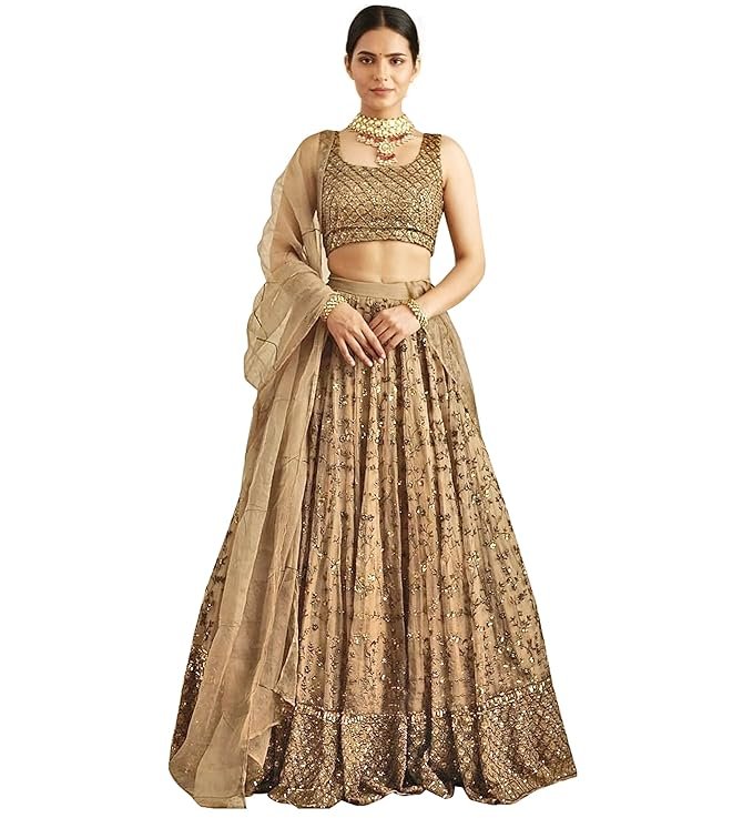 TRENDMALLS Women's Net Embroidery Sequence Work Lehenga Choli Unstitch Blouse with Dupatta