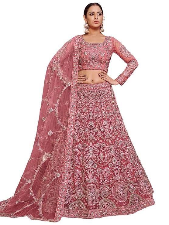 Zeel Clothing Women's Rose Pink Zari And Embroirery Work Soft Net Wedding Semi Stitched Lehenga Choli With Dupatta (7905-Rose-Pink-Wedding-Bridal-Lehenga-Choli; Free Size)