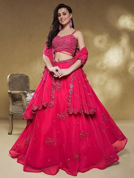 Zeel Clothing Women's Georgette Semi Stitched Lehenga Choli With Dupatta (7060-HotPink-Wedding-Bridal-Stylish-New; Free Size) - Image 5