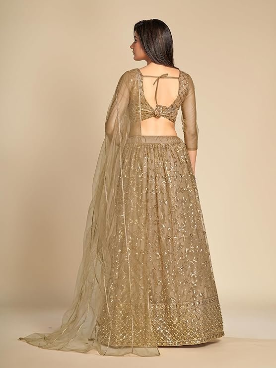 TRENDMALLS Women's Net Embroidery Sequence Work Lehenga Choli Unstitch Blouse with Dupatta - Image 6