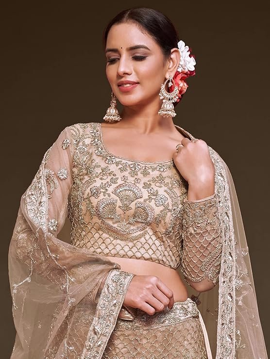 Zeel Clothing Women's Beige Net Semi-Stitched Bridal Lehenga Choli (7908-Beige-Wedding-Lehenga-Choli; Beige) (Free Size) - Image 5