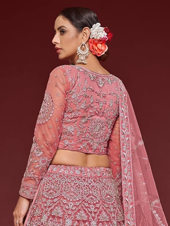 Zeel Clothing Women's Rose Pink Zari And Embroirery Work Soft Net Wedding Semi Stitched Lehenga Choli With Dupatta (7905-Rose-Pink-Wedding-Bridal-Lehenga-Choli; Free Size) - Image 2