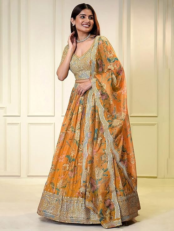 Zeel Clothing Women's Print And Sequins Embroidered Organza Semi-stitched Lehenga Choli Set With Dupatta (70666-Women-Lehenga-Choli-Latest) - Image 6