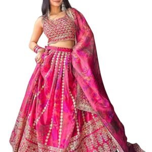 AG Clothing Women's Organza Semi Stitched Lehenga Choli With Dupatta | Floral Digital Print With Sequin Embroidery Pattern | Traditional, Wedding, Ethnic Wear Lehenga (ZC-7072-Pink)