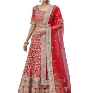 Divine Exim Women's Silk Semi Stitched Lehenga Choli With Unstitched Blouse Piece (Red_Free Size_CLVilla-90)