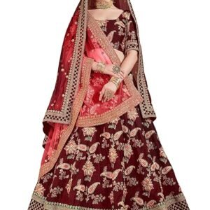 Zeel Clothing Women's Silk Semi stitched Lehenga Choli (Wedding-Bridal-Latest-Lehenga-34-Maroon_Maroon_Free Size)