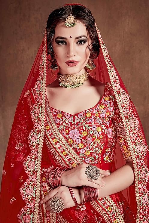 Divine International Trading Co Women's Mulberry Silk Lehenga Choli With Dupatta (Carmine Red_ZC7104_Unstitched) - Image 2