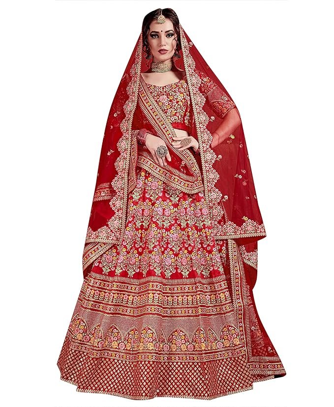 Divine International Trading Co Women's Mulberry Silk Lehenga Choli With Dupatta (Carmine Red_ZC7104_Unstitched)
