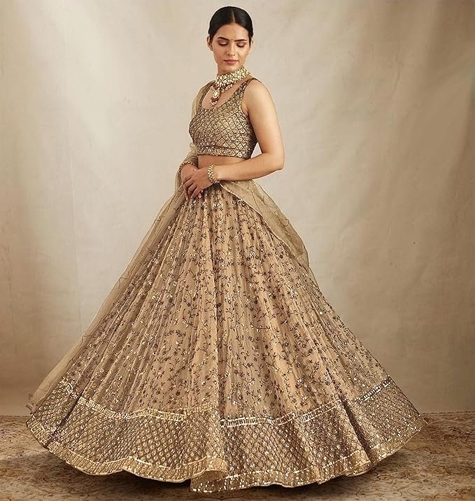 TRENDMALLS Women's Net Embroidery Sequence Work Lehenga Choli Unstitch Blouse with Dupatta - Image 4