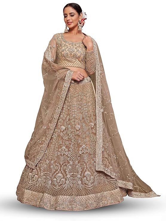 Zeel Clothing Women's Beige Net Semi-Stitched Bridal Lehenga Choli (7908-Beige-Wedding-Lehenga-Choli; Beige) (Free Size)