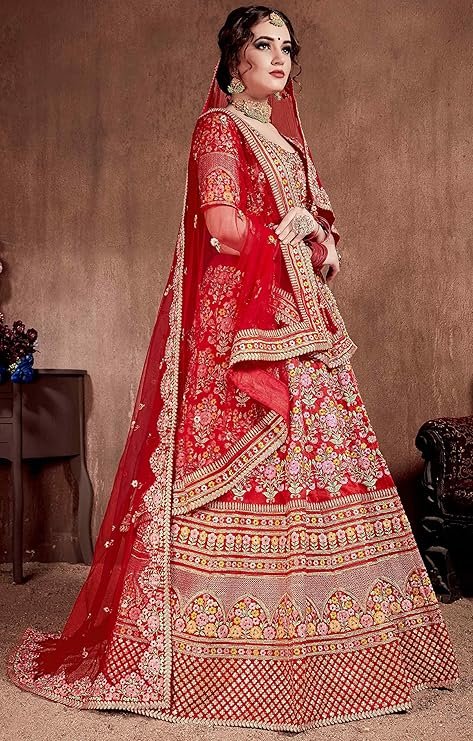 Divine International Trading Co Women's Mulberry Silk Lehenga Choli With Dupatta (Carmine Red_ZC7104_Unstitched) - Image 4