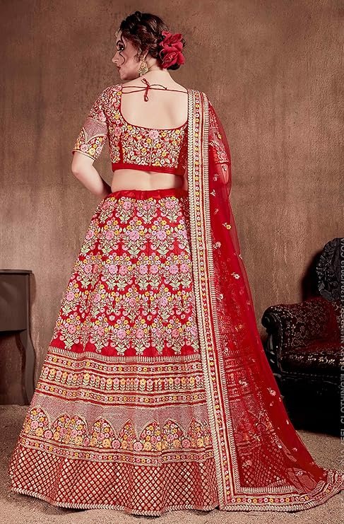 Divine International Trading Co Women's Mulberry Silk Lehenga Choli With Dupatta (Carmine Red_ZC7104_Unstitched) - Image 5