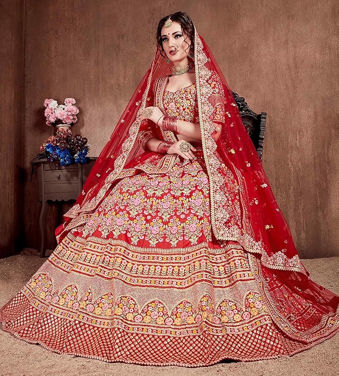 Divine International Trading Co Women's Mulberry Silk Lehenga Choli With Dupatta (Carmine Red_ZC7104_Unstitched) - Image 3